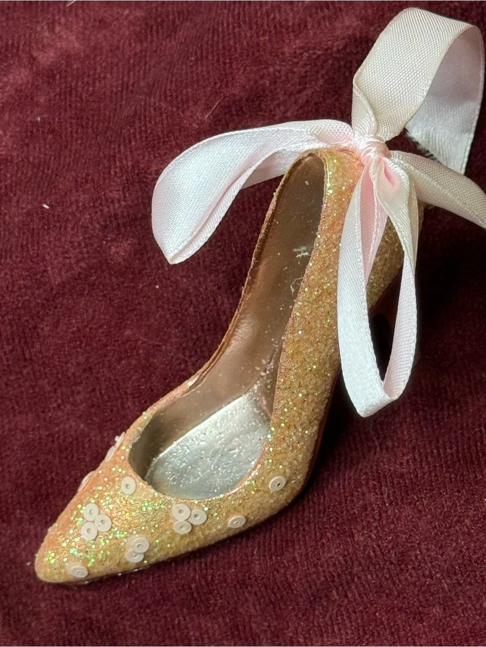 Beautiful Little Fancy Shoe Ornament with Pink Bow and Sequins